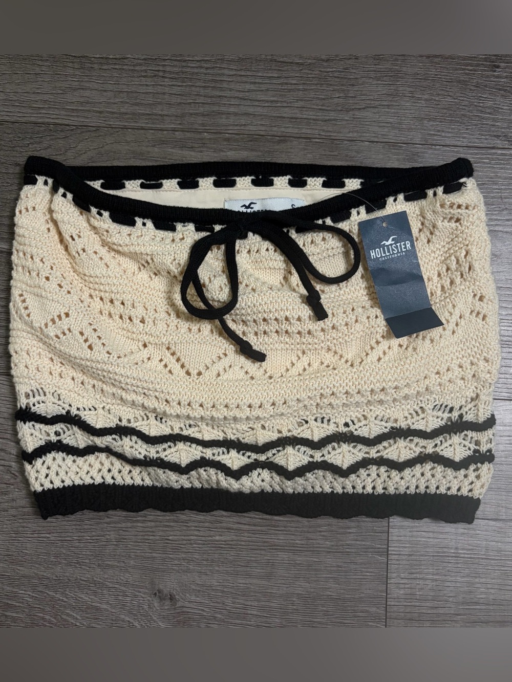 Hollister Co. Tube Top Crochet Style Knit Cream Black Womens Size S Cropped